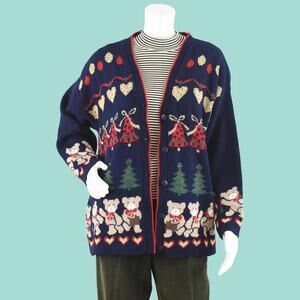 Vintage 90s Teddy Bear Christmas Cardigan Women's Large